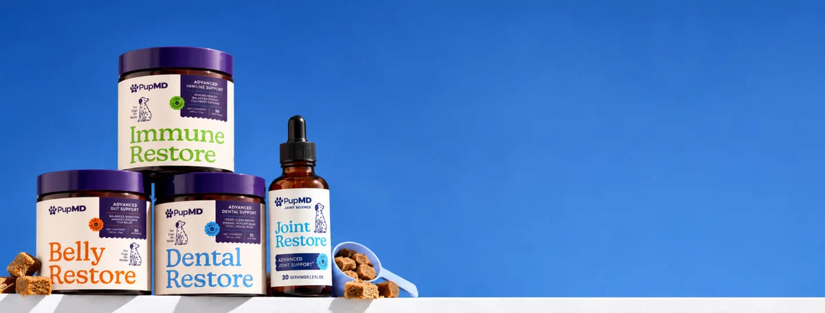 PupMD Immune Restore, Belly Restore, Dental Restore and Joint Restore products