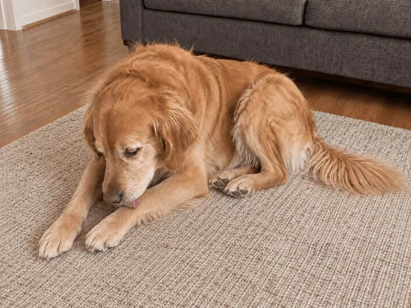 Golden retriever resting on a rug indoors