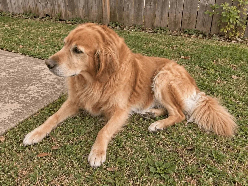 Golden retriever lying calmly on the grass