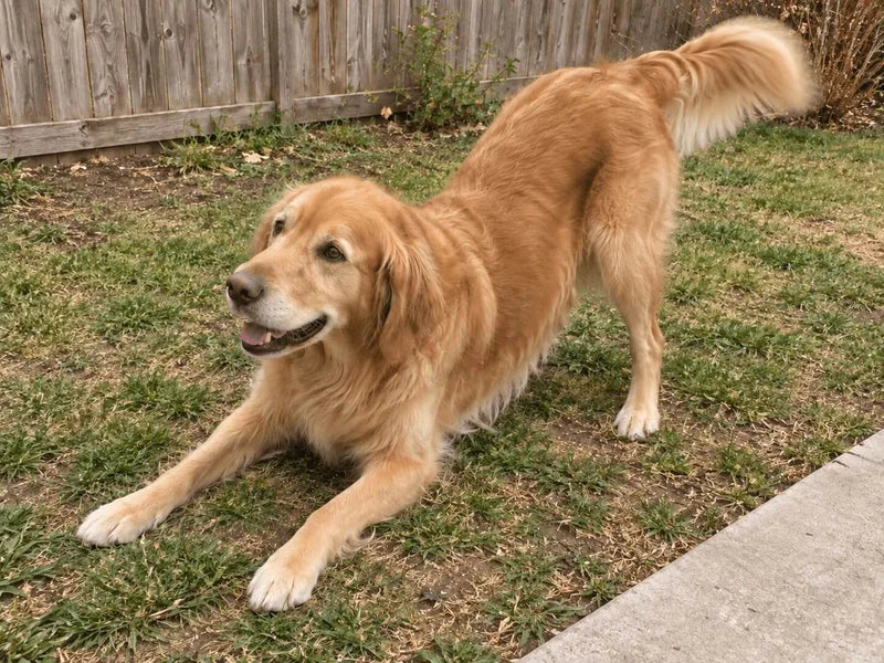 Playful golden retriever stretching on the lawn