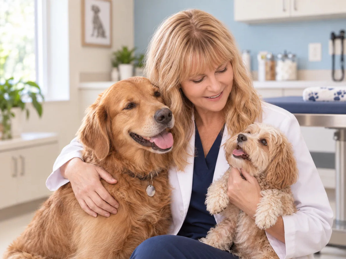 Dr. Shelby Drew hugging a golden retriever and a small poodle mix in her clinic